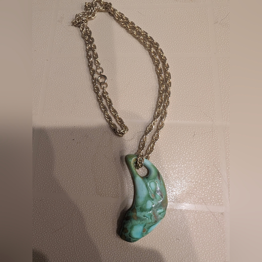 Turquoise Ceramic Crescent Pendant Necklace with Gold Chain
